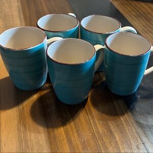 5- Royal Norfolk Turquoise Blue Ceramic Mugs with Brown Rim - Set of 5
